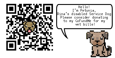 a clickable qr code linking back to a gofundme with an 8bit brown dog saying, "Hello! I’m Petunia, Rina’s disabled Service Dog! Please consider donating to my GoFundMe for my vet bills!"