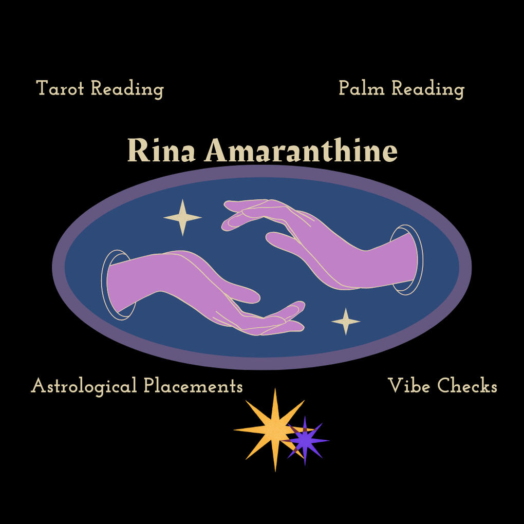 An image of a pair of hands surrounded by text that says "Tarot Reading, palm reading, astrological placements, vibe checks'